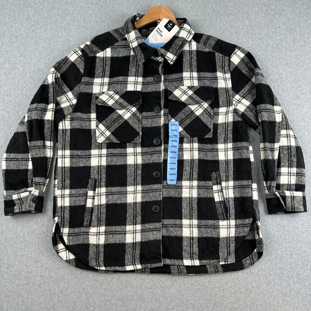 Member's Mark NEW Shacket Women Large Black Plaid Shacket Relaxed Fit Button Up